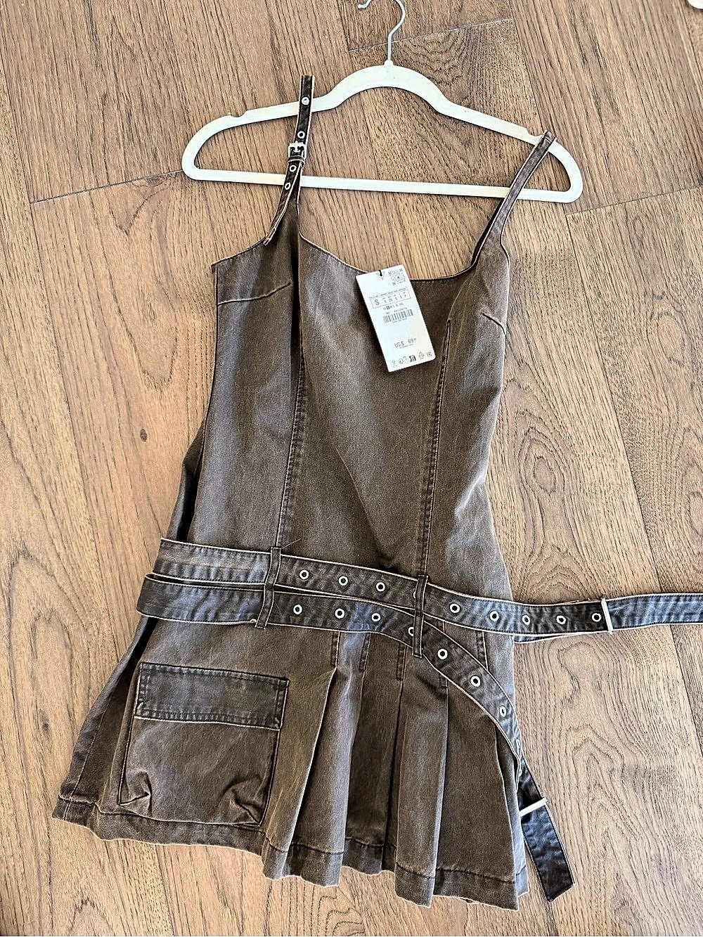 Zara Mini Utility Dress Brown Size Small new tags